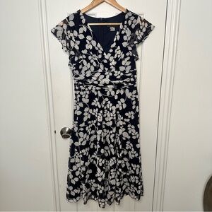 Jessica Howard Navy Blue Floral Midi Dress A-Line Cap Sleeve Stretch Mature 6P